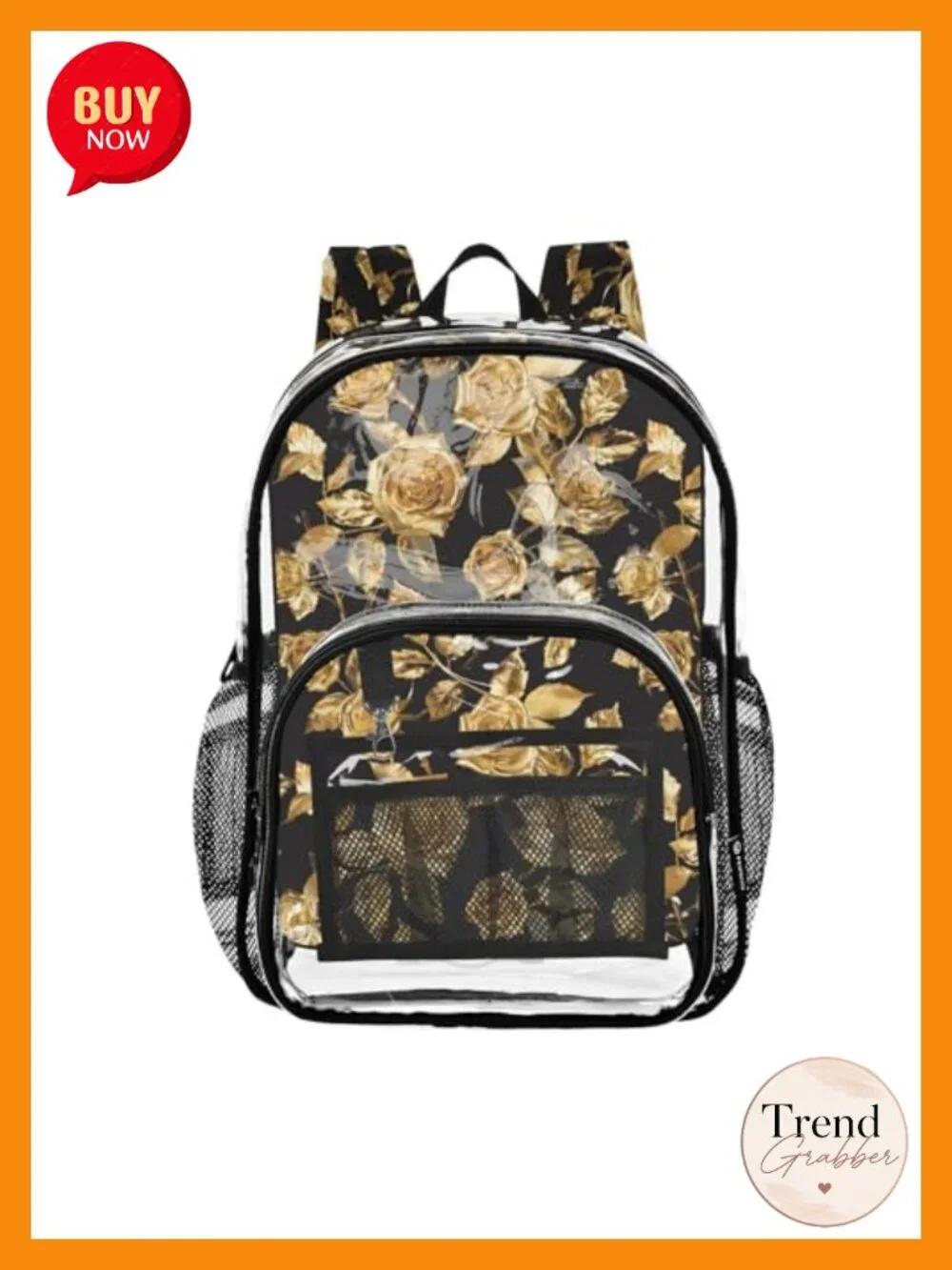 Clear Fashion Backpack with Artistic Floral Print Waterproof PVC Daypack for